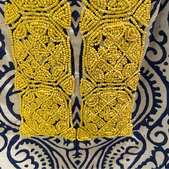 Talbots Blue Yellow White Beaded V-neck Tunic Top Size M Adjustable Sleeve - Picture 5 of 17